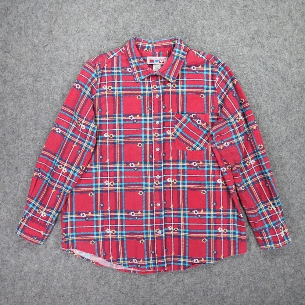 American Sweetheart Button Up Shirt Womens Large Red Excellent Plaid Floral